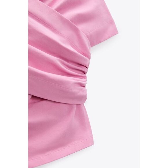 NWT Zara Pink Wrap Front V-Neck Open Exposed Shoulders Side Pleats Surplice Top - Picture 9 of 13